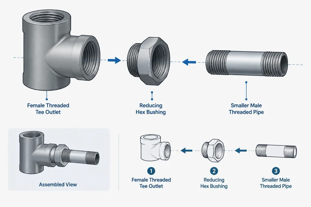 Reducing Bushings vs. Reducing Couplings in Threaded Piping: Geometry, Selection, and CAD Documentation piping engineering illustration