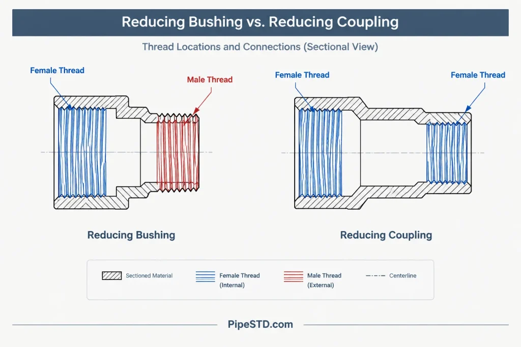 Reducing Bushings vs. Reducing Couplings in Threaded Piping: Geometry, Selection, and CAD Documentation piping engineering illustration