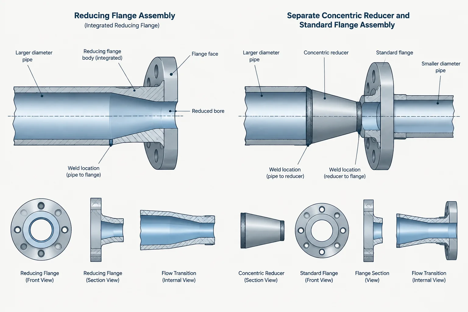 Reducing Flanges vs. Reducers in Piping CAD: Size Transitions, Bolt Patterns, and Layout