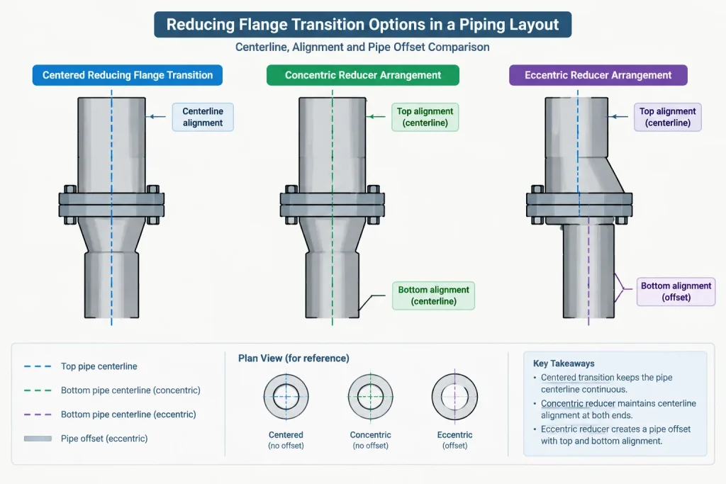 Reducing Flanges vs. Reducers in Piping CAD: Size Transitions, Bolt Patterns, and Layout piping engineering illustration