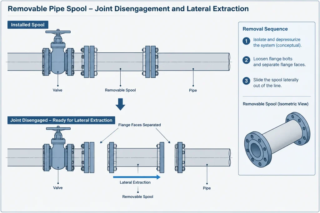 Removable Pipe Spools in CAD: Break Joints, Extraction Paths, and Maintenance Access piping engineering illustration