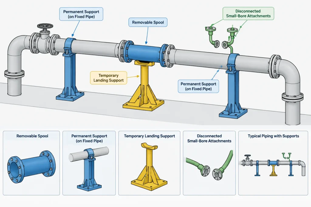 Removable Pipe Spools in CAD: Break Joints, Extraction Paths, and Maintenance Access piping engineering illustration