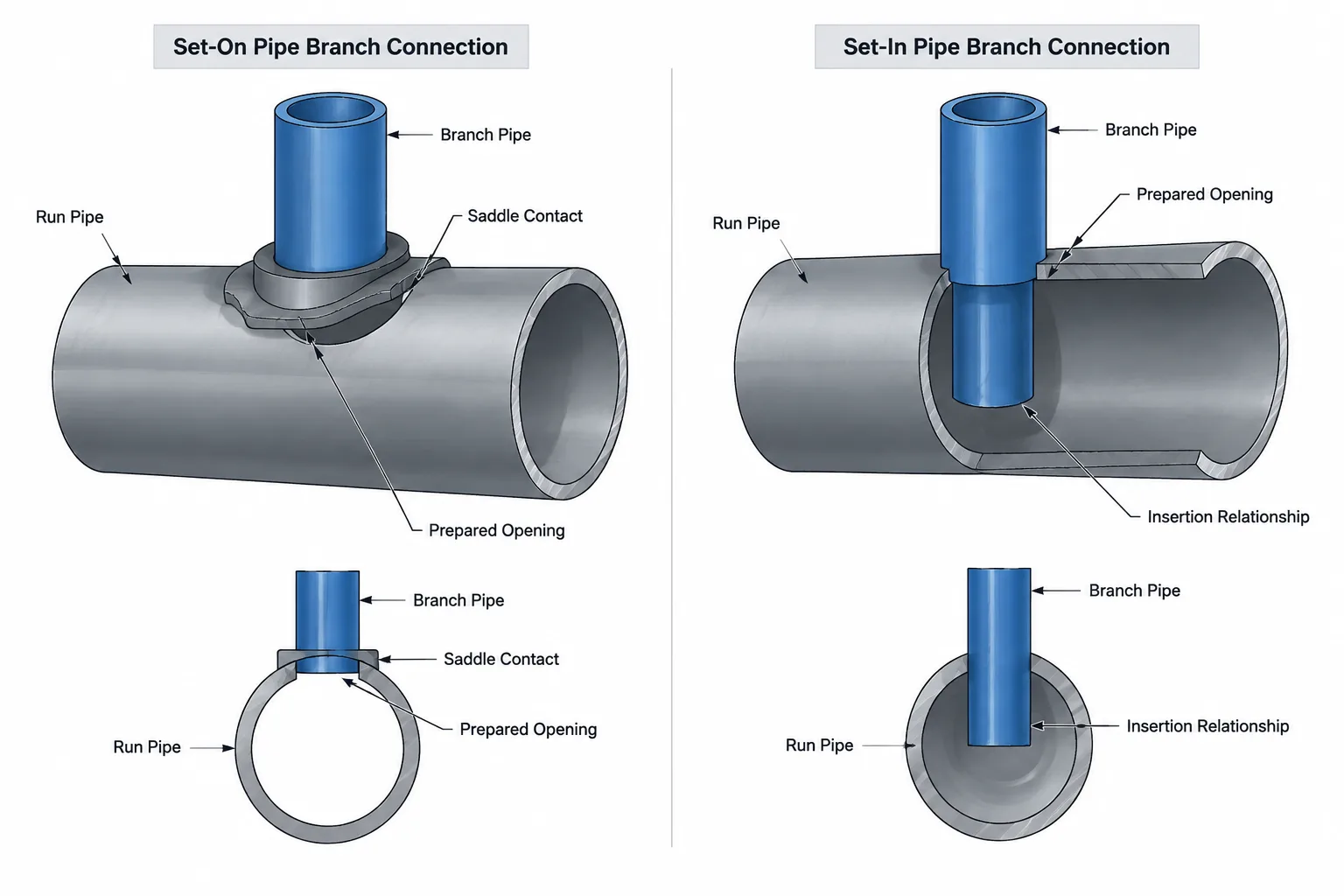 Set-On vs. Set-In Pipe Branch Connections: Geometry, Fabrication, and CAD Documentation