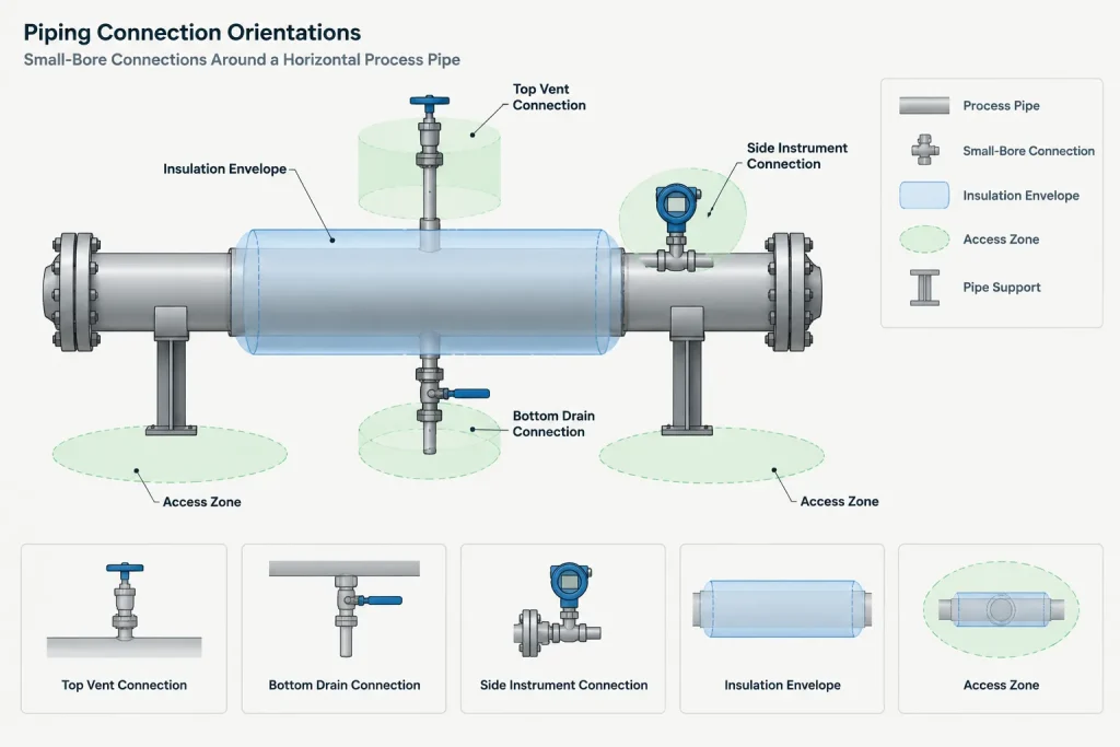 Small-Bore Piping Connections in CAD: Layout, Support, and Vibration Awareness piping engineering illustration