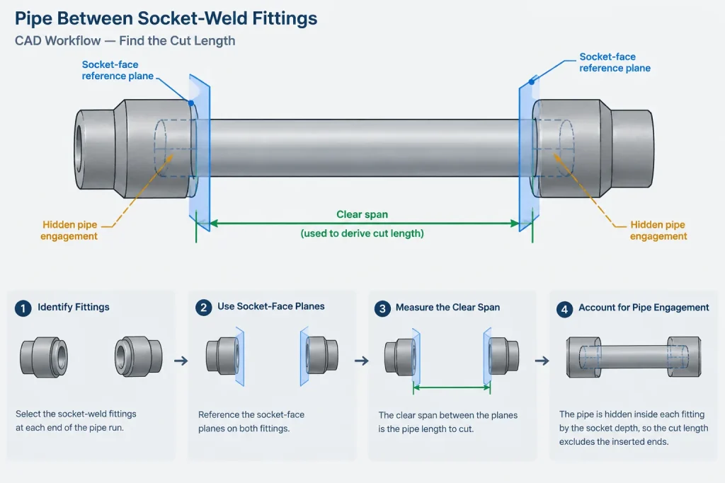 Socket-Weld Connections in Piping CAD: Socket Depth, Assembly Gap, and Pipe Cut Length piping engineering illustration