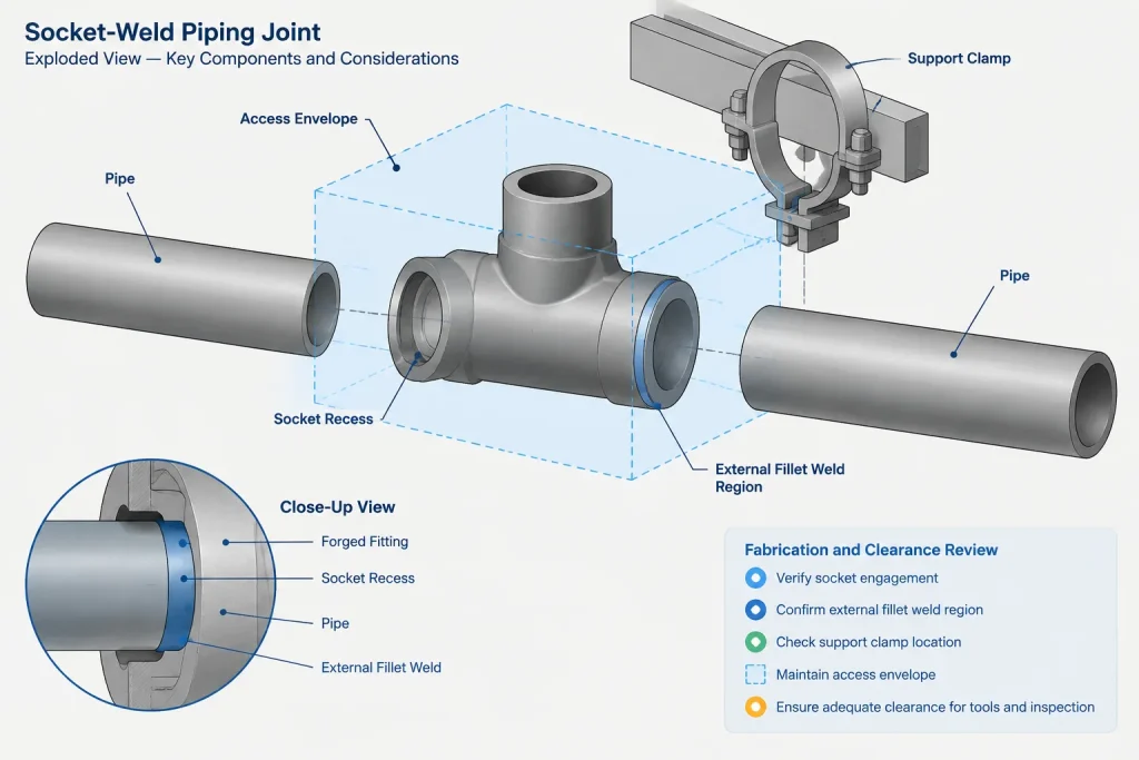 Socket-Weld Connections in Piping CAD: Socket Depth, Assembly Gap, and Pipe Cut Length piping engineering illustration