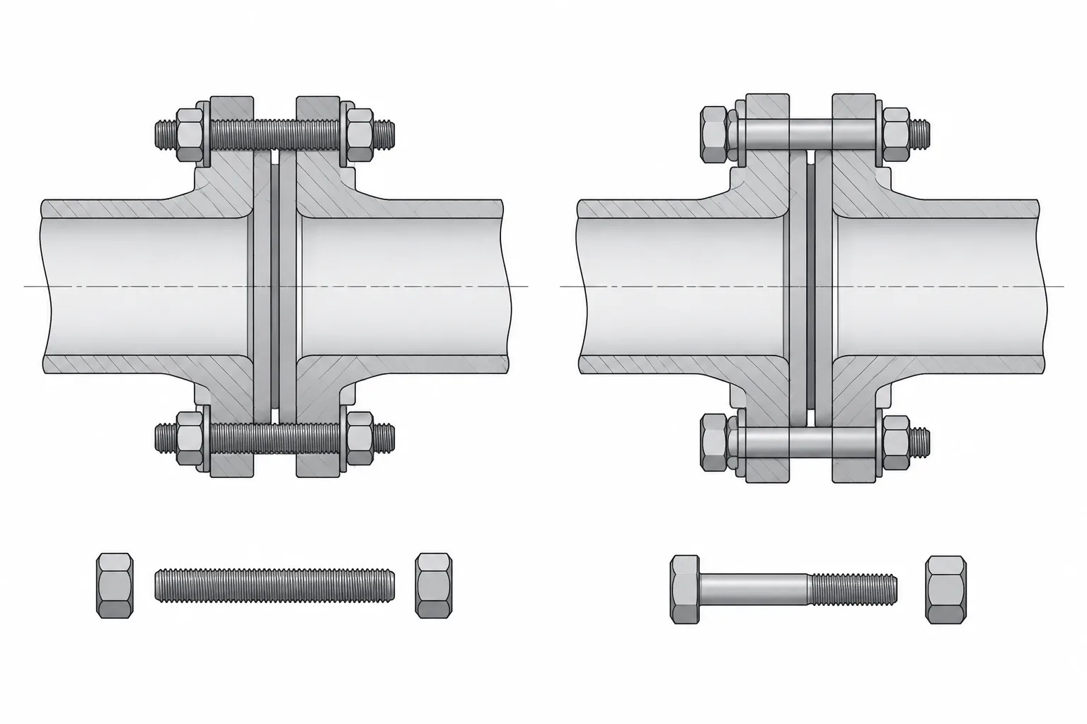 Stud Bolts vs. Machine Bolts in Flanged Piping: Assembly and CAD Documentation