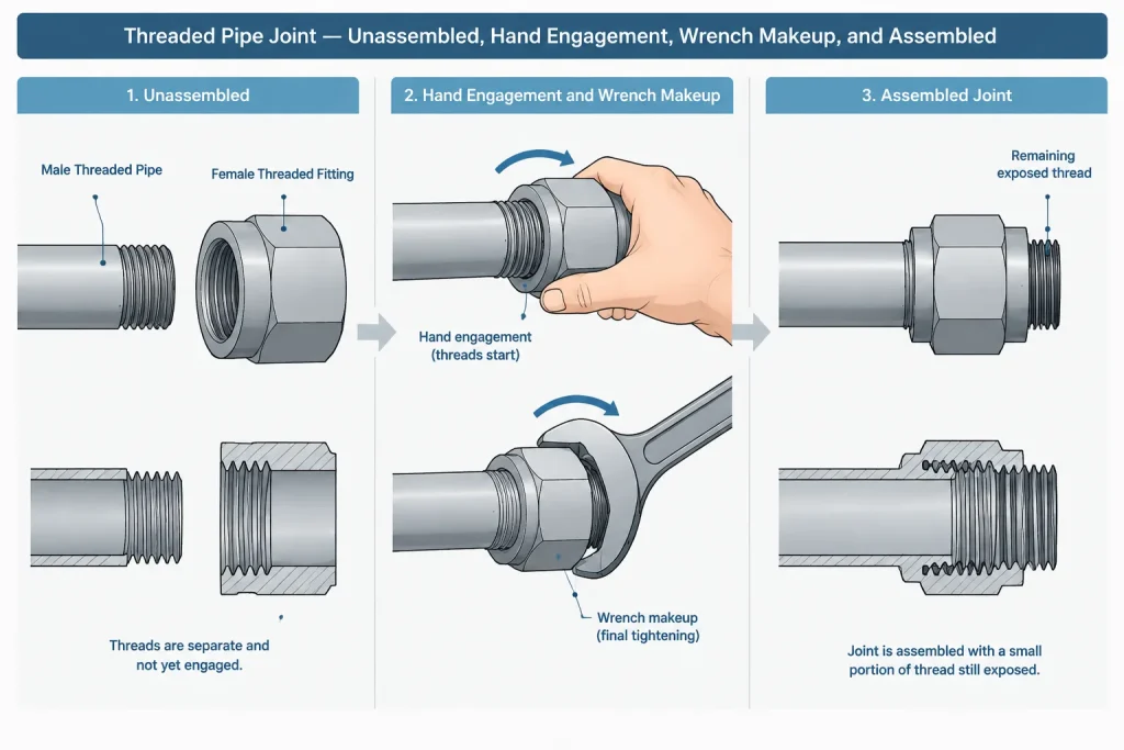 Threaded Pipe Joints in CAD: Engagement, Makeup, and Cut-Length Control piping engineering illustration