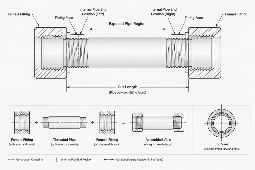 Threaded Pipe Joints in CAD: Engagement, Makeup, and Cut-Length Control piping engineering illustration