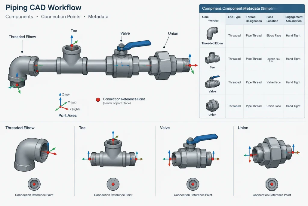 Threaded Pipe Joints in CAD: Engagement, Makeup, and Cut-Length Control piping engineering illustration