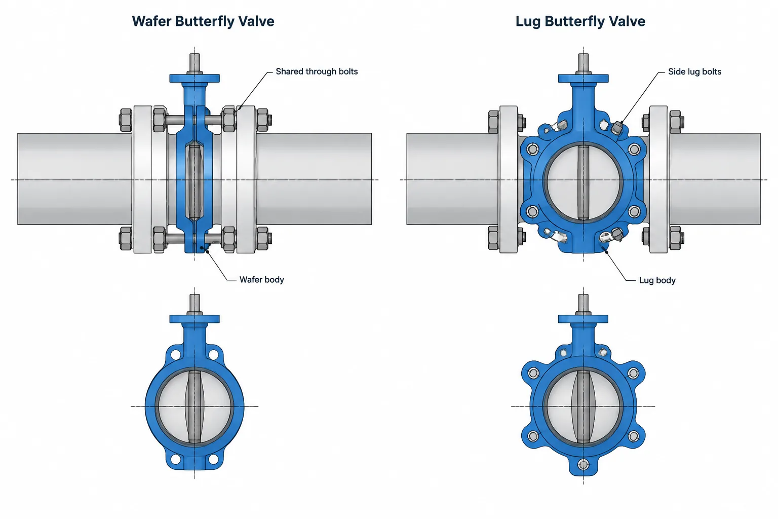 Wafer vs. Lug Butterfly Valves in Piping CAD: Bolting, Removal, and Layout Control