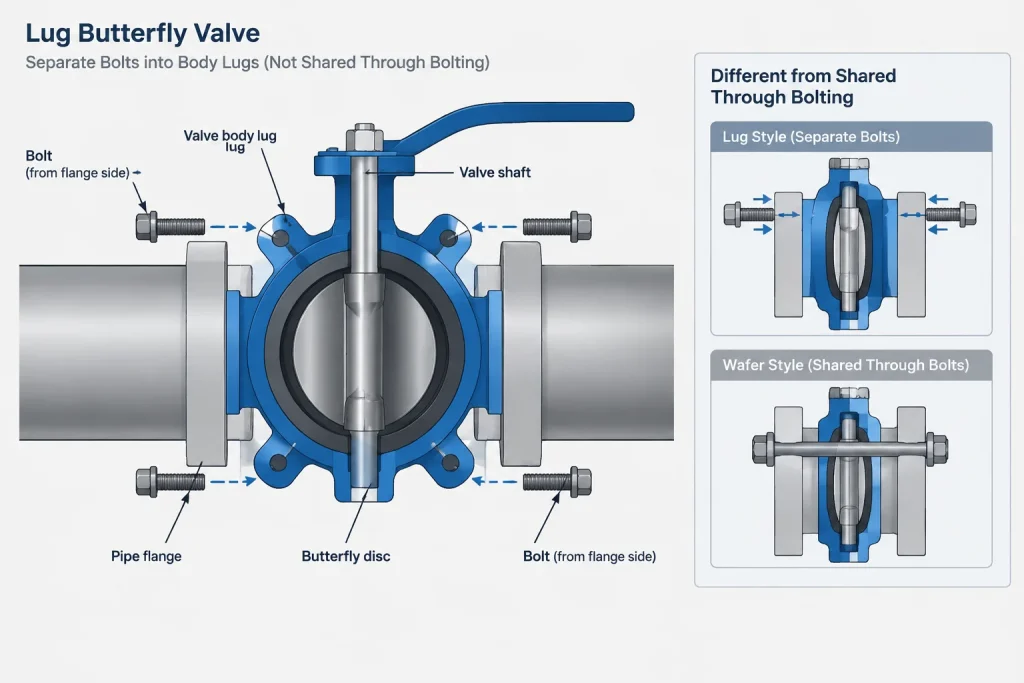 Wafer vs. Lug Butterfly Valves in Piping CAD: Bolting, Removal, and Layout Control piping engineering illustration