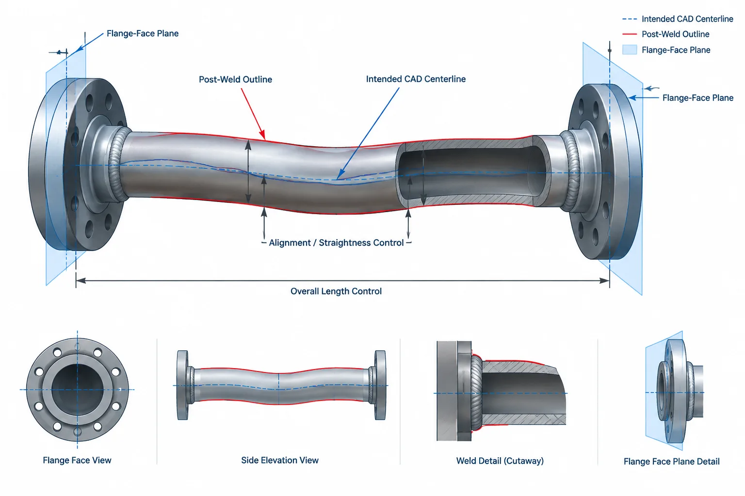 Weld Shrinkage in Piping Fabrication: Why CAD Cut Lengths Need Shop Control piping engineering illustration
